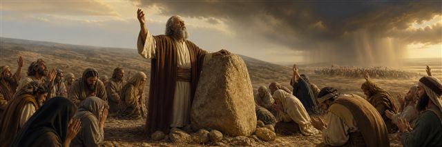 Samuel standing beside a memorial stone as Israel prays after a storm